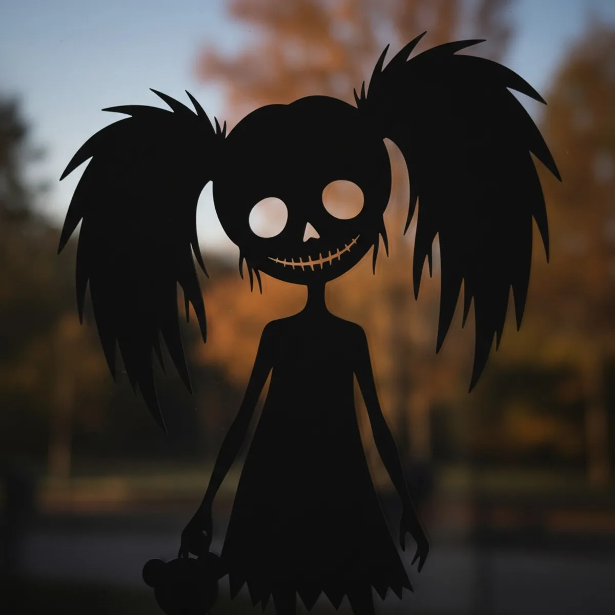 Zombie-Mädchen mit Teddybär Wandbild – gruselige Halloween-Silhouette – Birken-Sperrholz
