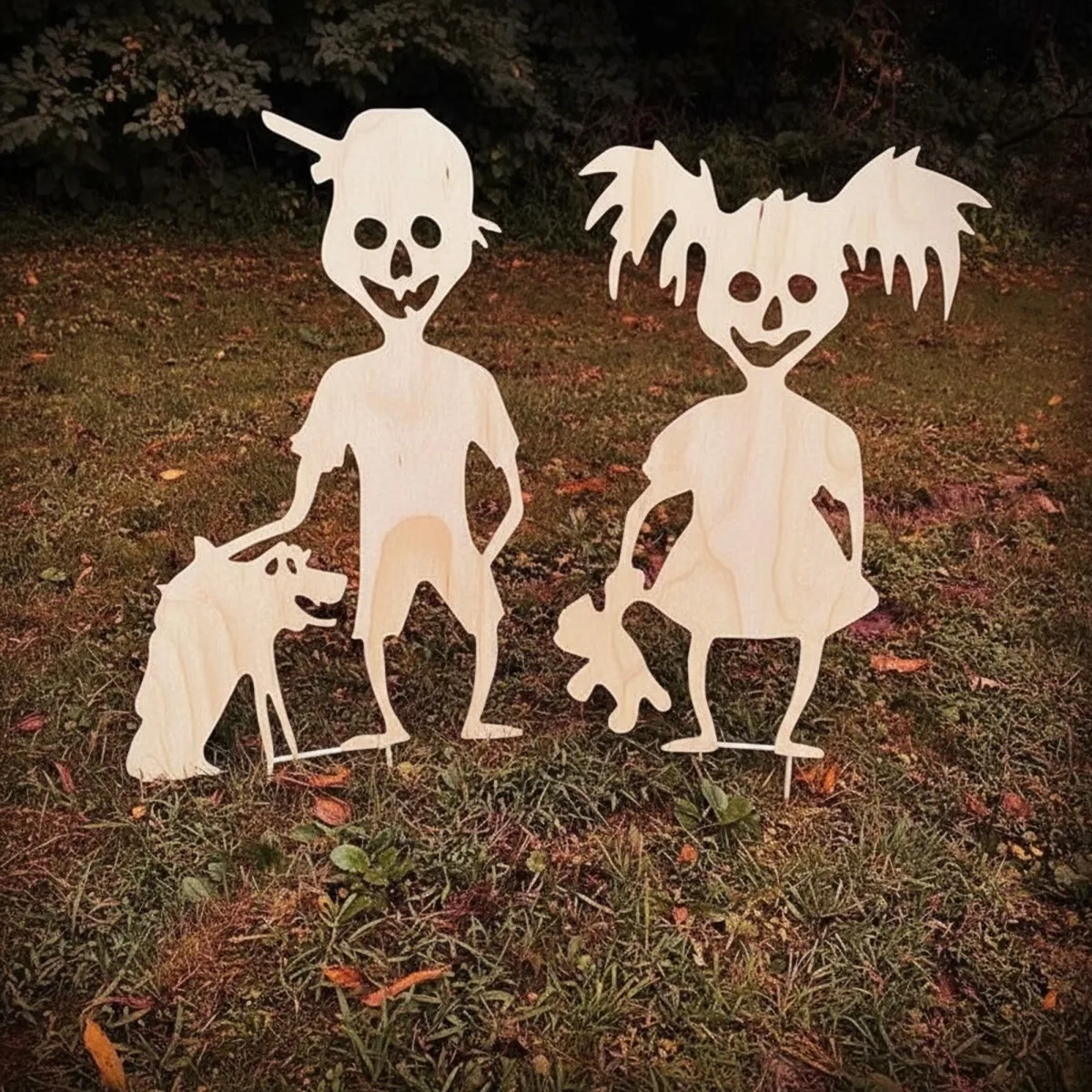 Gruselige Halloween-Kinder Gartenset – Zombie-Junge, Mädchen, Hund & Teddy