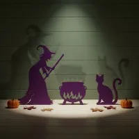 Witch with Cauldron and Cat — Halloween Wooden Silhouette Set