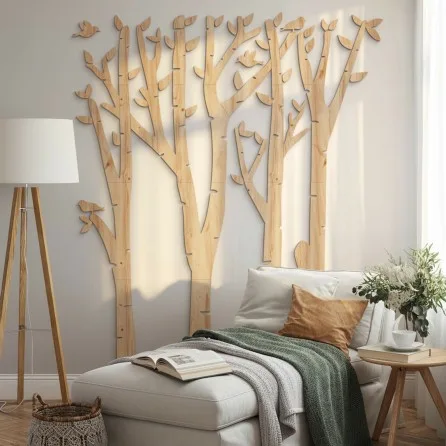 Décoration murale en contreplaqué – Forêt de bouleaux avec oiseaux, 120×140 cm
