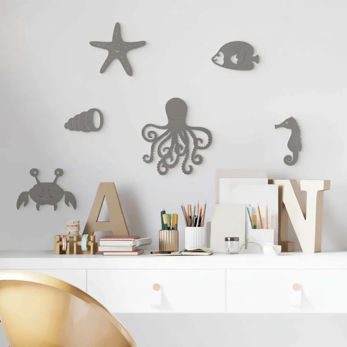 Wooden Marine Animal Decor (6 pieces) - Birch Plywood - 50x30 cm