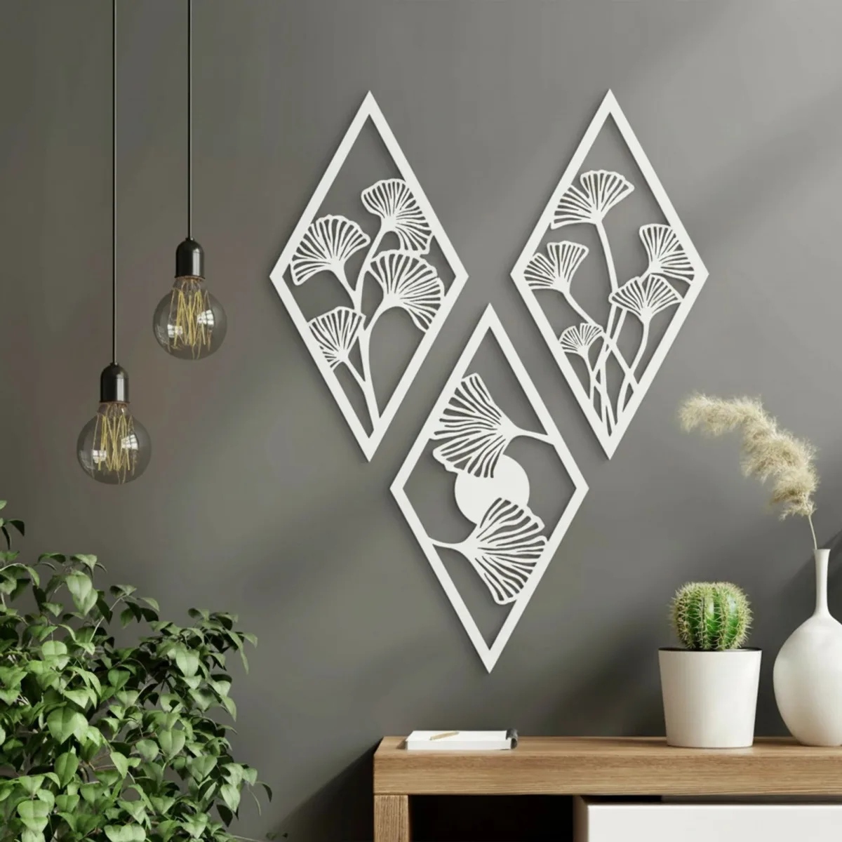 Birch Plywood Wall Decor – Ginkgo Leaf Diamond Set (3 pieces)