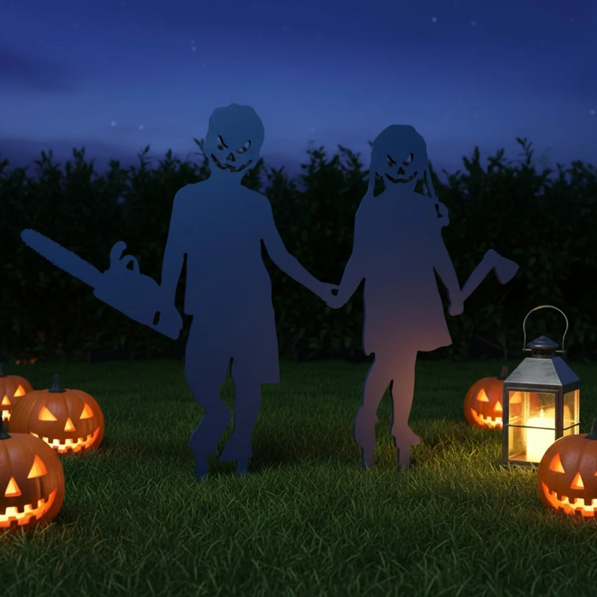 Creepy Couple Halloween Yard Stakes – Boy with Chainsaw & Girl with Axe