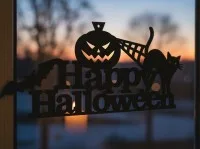 Happy Halloween Wall Art – Pumpkin, Black Cat and Bat Sign – Birch Plywood