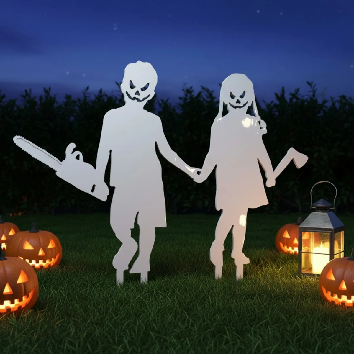 Creepy Couple Halloween Yard Stakes – Boy with Chainsaw & Girl with Axe