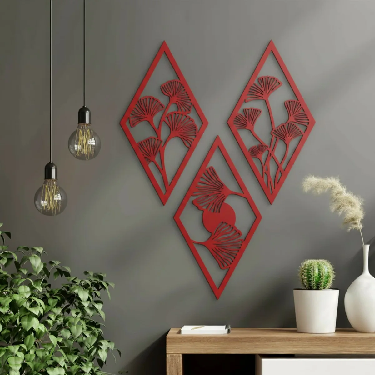 Birch Plywood Wall Decor – Ginkgo Leaf Diamond Set (3 pieces)