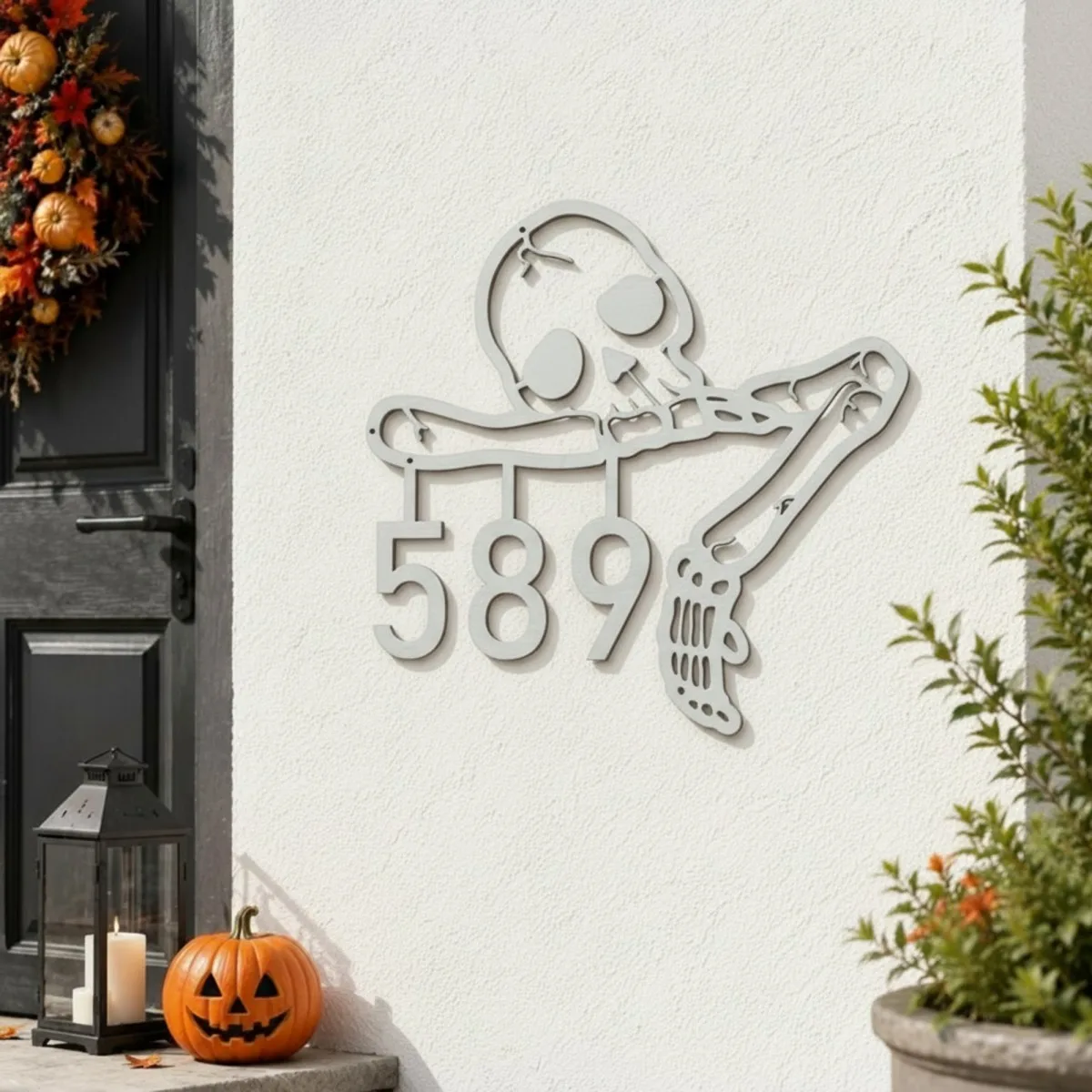 Halloween Skeleton House Number Sign – Custom Address Numbers, Skull & Bone
