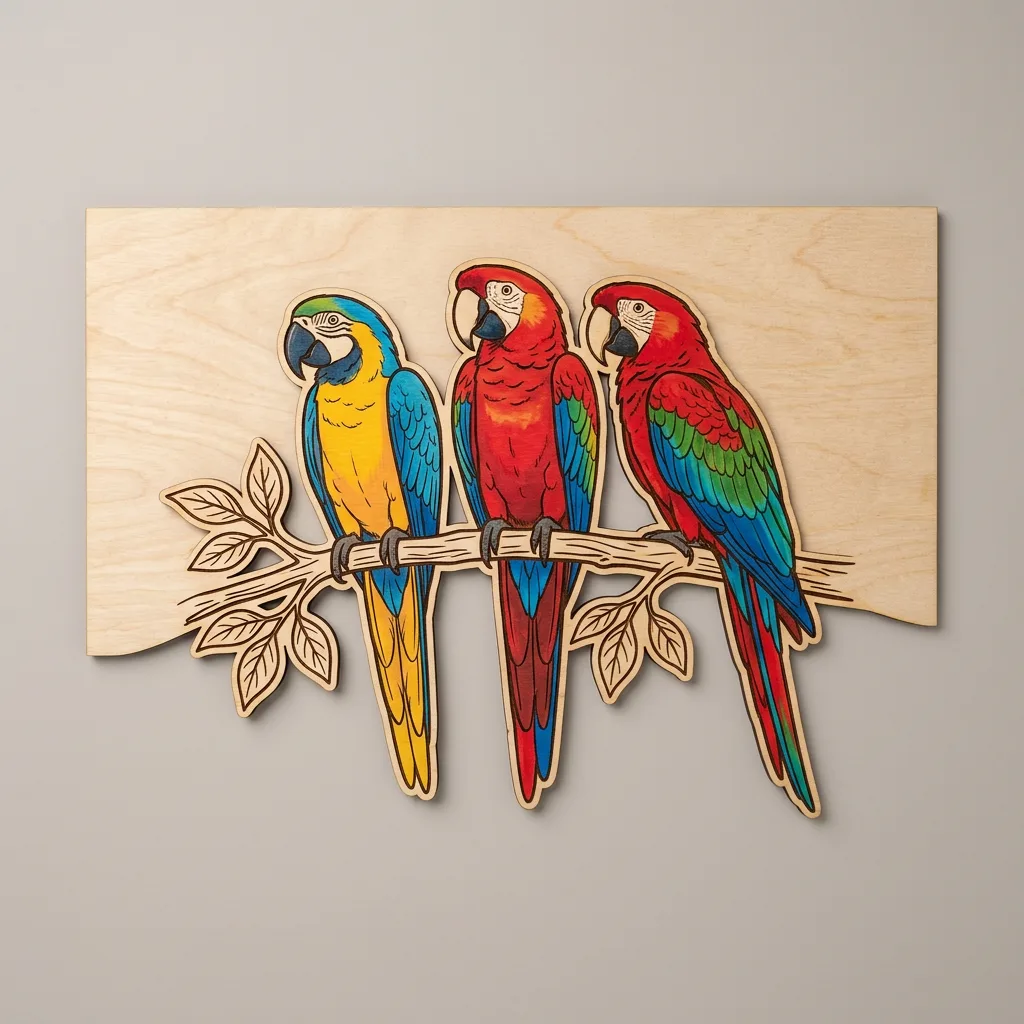 Décoration en bois - Trio de perroquets sur une branche - Contreplaqué de bouleau