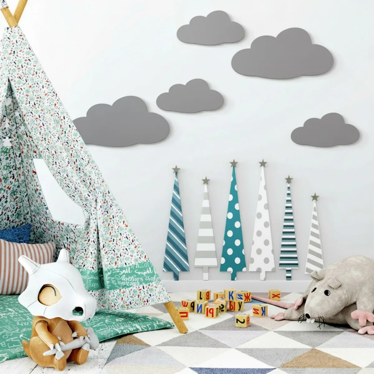 Wanddeko Wolken-Set (5-teilig) – Birken-Sperrholz