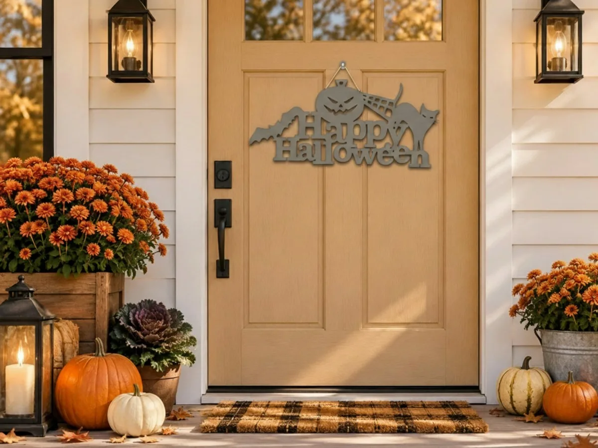 Happy Halloween bord van multiplex – Pompoen, zwarte kat & vleermuis