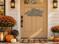 Happy Halloween bord van multiplex – Pompoen, zwarte kat & vleermuis