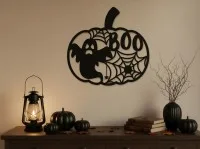 BOO Pumpkin Wall Art – Openwork Ghost and Spider Web – Birch Plywood Halloween