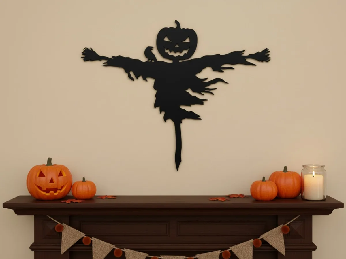Halloween Kürbis-Vogelscheuche Wandbild mit Rabe – Birken-Sperrholz
