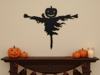 Halloween Kürbis-Vogelscheuche Wandbild mit Rabe – Birken-Sperrholz