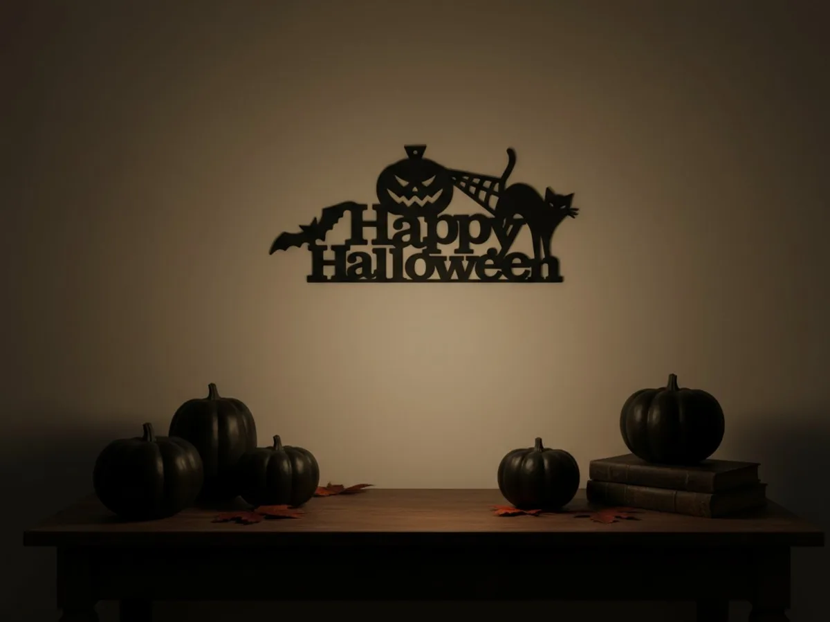 Happy Halloween Wall Art – Pumpkin, Black Cat and Bat Sign – Birch Plywood