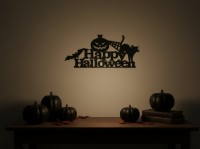 Happy Halloween Wall Art – Pumpkin, Black Cat and Bat Sign – Birch Plywood