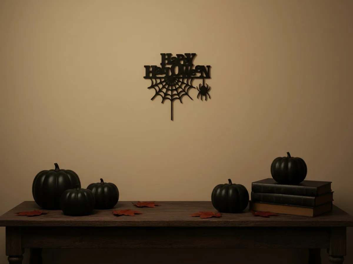 Happy Halloween Wandbild – Schriftzug mit Spinne und Spinnennetz – Birken-Sperrholz