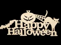 Happy Halloween bord van multiplex – Pompoen, zwarte kat & vleermuis