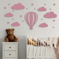 Déco murale montgolfière avec nuages et étoiles – contreplaqué de bouleau, chambre d’enfant