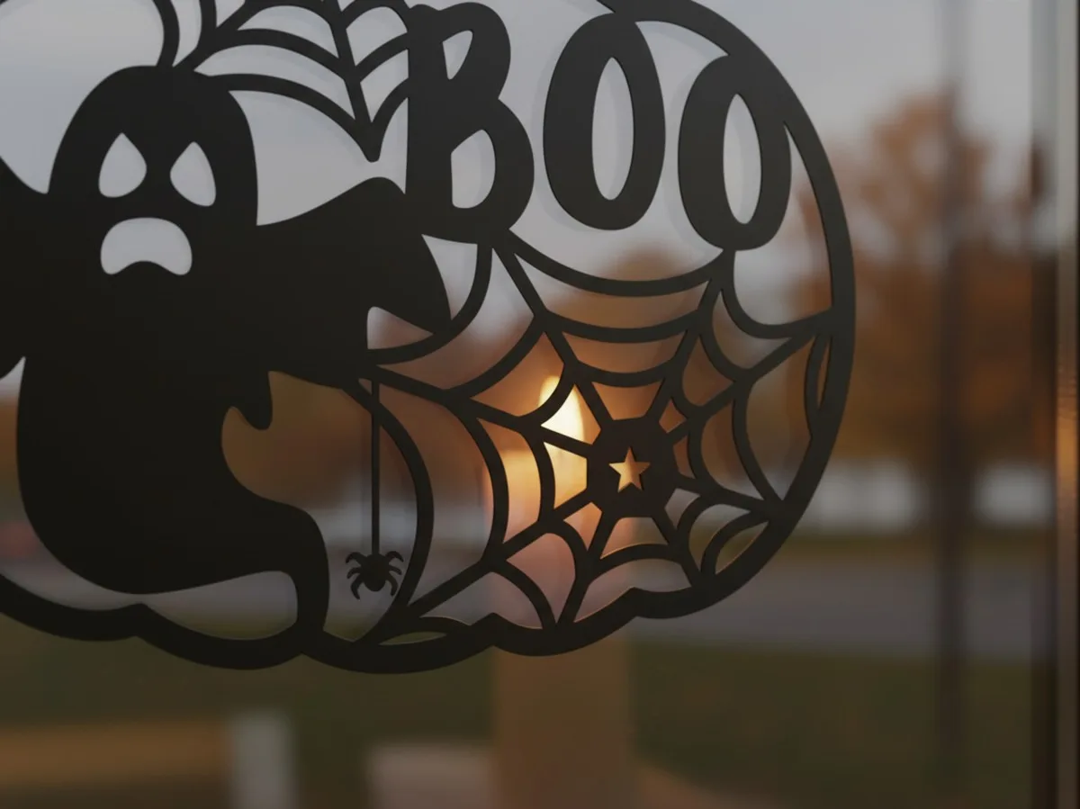 BOO Pumpkin Wall Art – Openwork Ghost and Spider Web – Birch Plywood Halloween