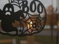 BOO Pumpkin Wall Art – Openwork Ghost and Spider Web – Birch Plywood Halloween