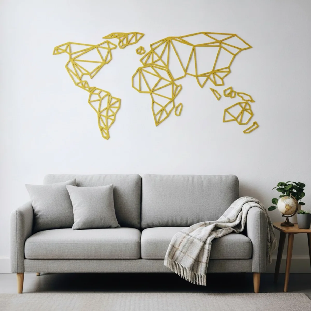 Origami World Map Plywood Wall Decor – Geometric Wireframe Map 100x50 cm