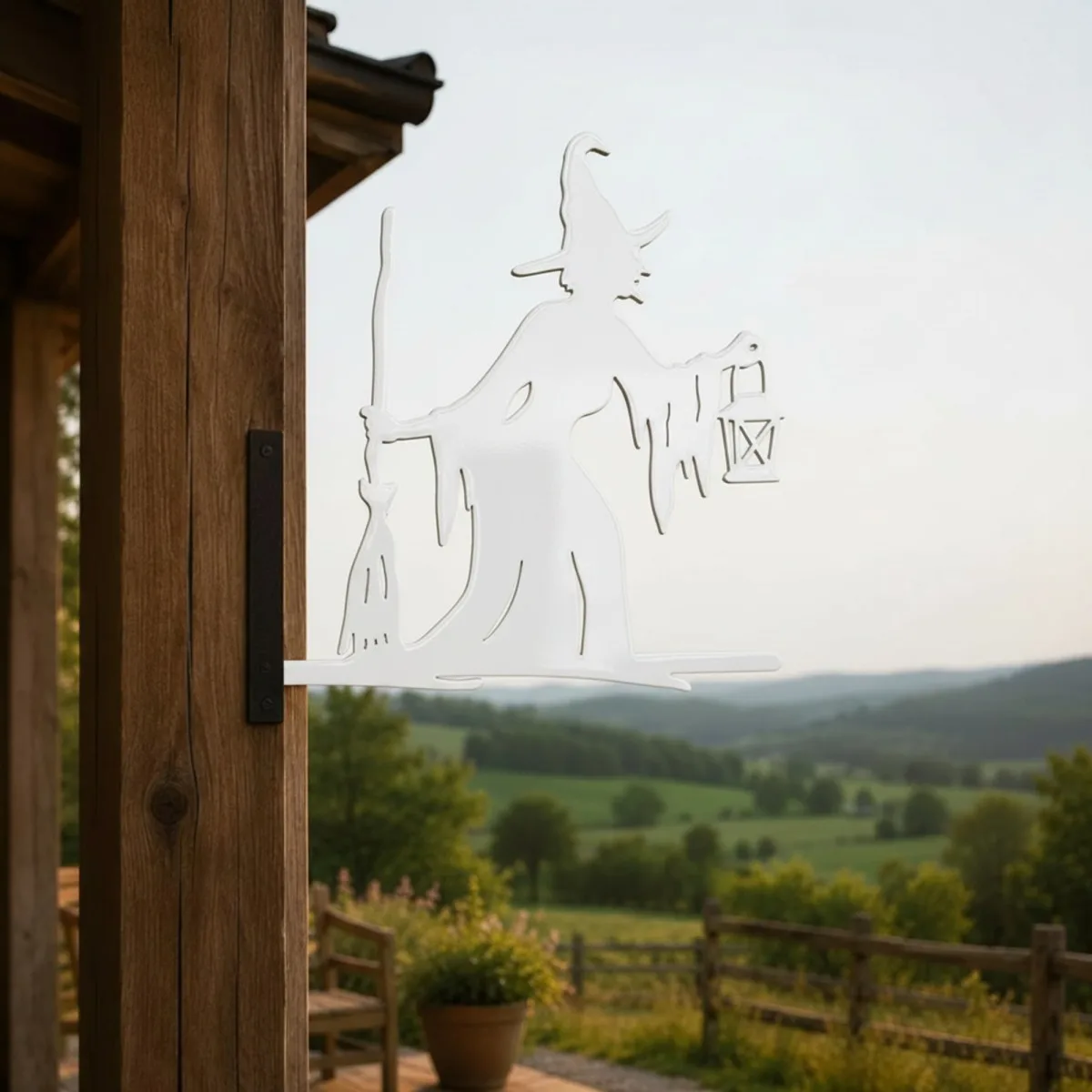 Witch with Broom & Lantern Garden Sign – Halloween Plywood Silhouette 60 cm