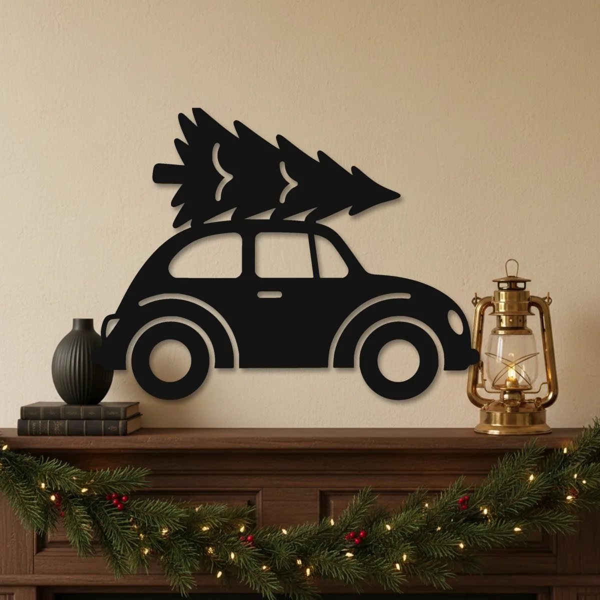Retro Car with Christmas Tree Wall Decor – Birch Plywood