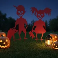 Gruselige Halloween-Kinder Gartenset – Zombie-Junge, Mädchen, Hund & Teddy