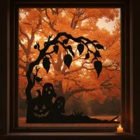 Halloween Baum-Ecke Wandbild mit Geistern und Kürbis – Birken-Sperrholz
