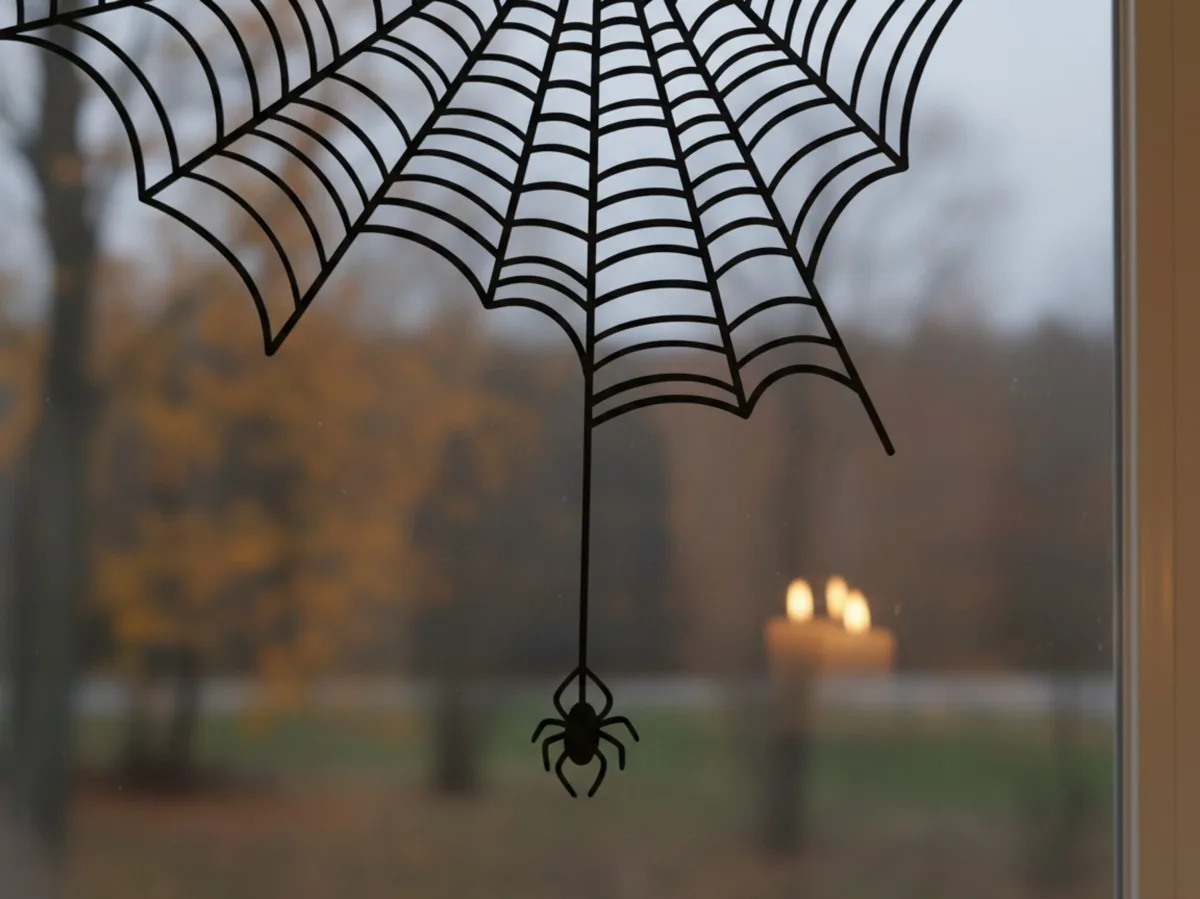 Hangend spinnenweb raamdecoratie – hoekweb met bungelende spin – berkenmultiplex