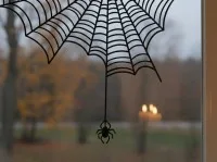Hangend spinnenweb raamdecoratie – hoekweb met bungelende spin – berkenmultiplex