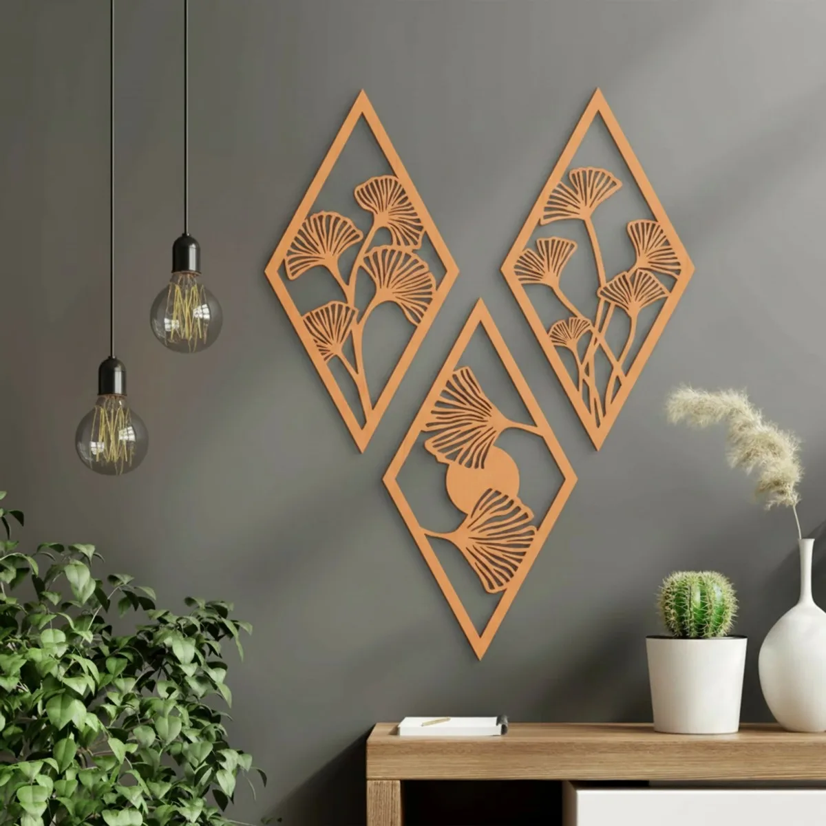 Birch Plywood Wall Decor – Ginkgo Leaf Diamond Set (3 pieces)