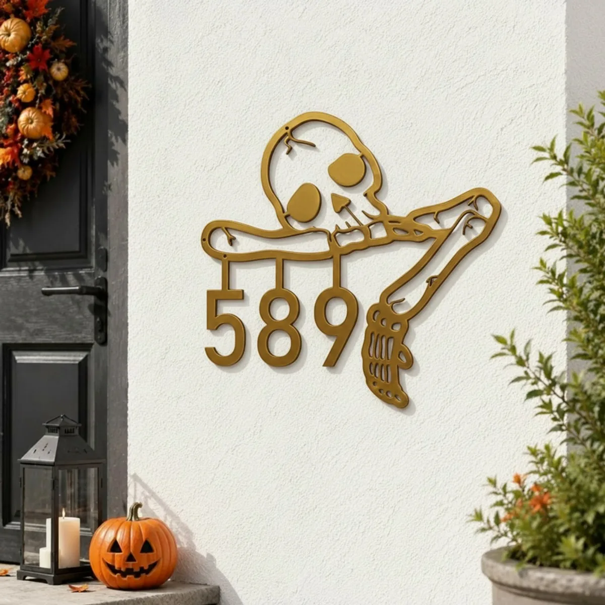 Halloween Skeleton House Number Sign – Custom Address Numbers, Skull & Bone