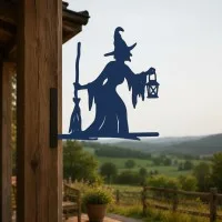 Witch with Broom & Lantern Garden Sign – Halloween Plywood Silhouette 60 cm