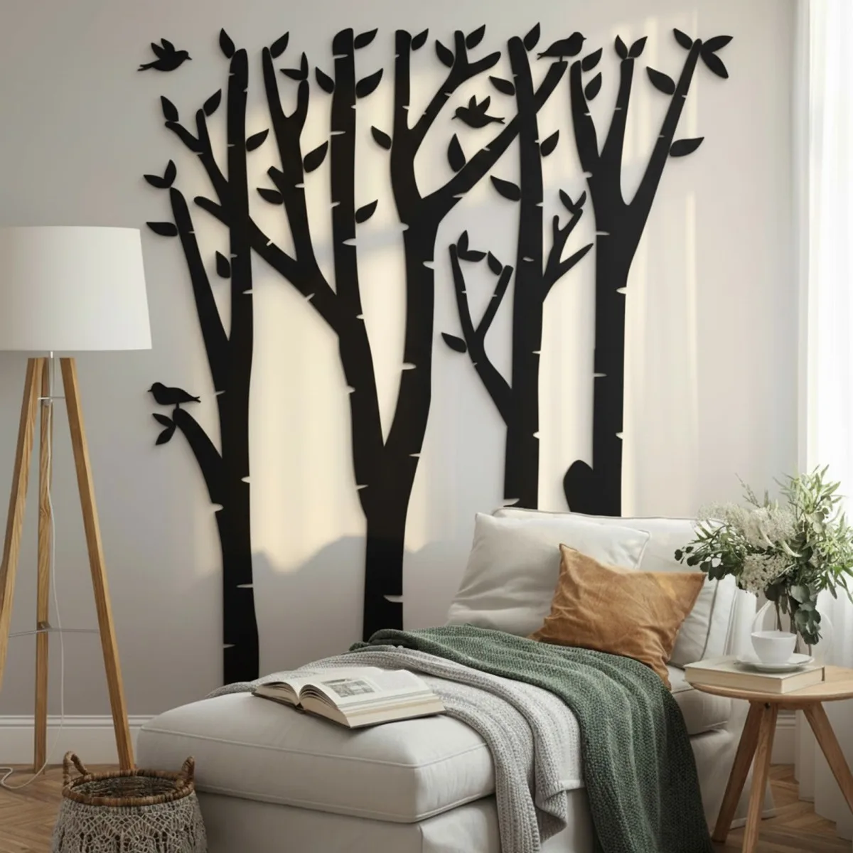 Plywood Wall Decor – Birch Forest with Birds, 120×140 cm