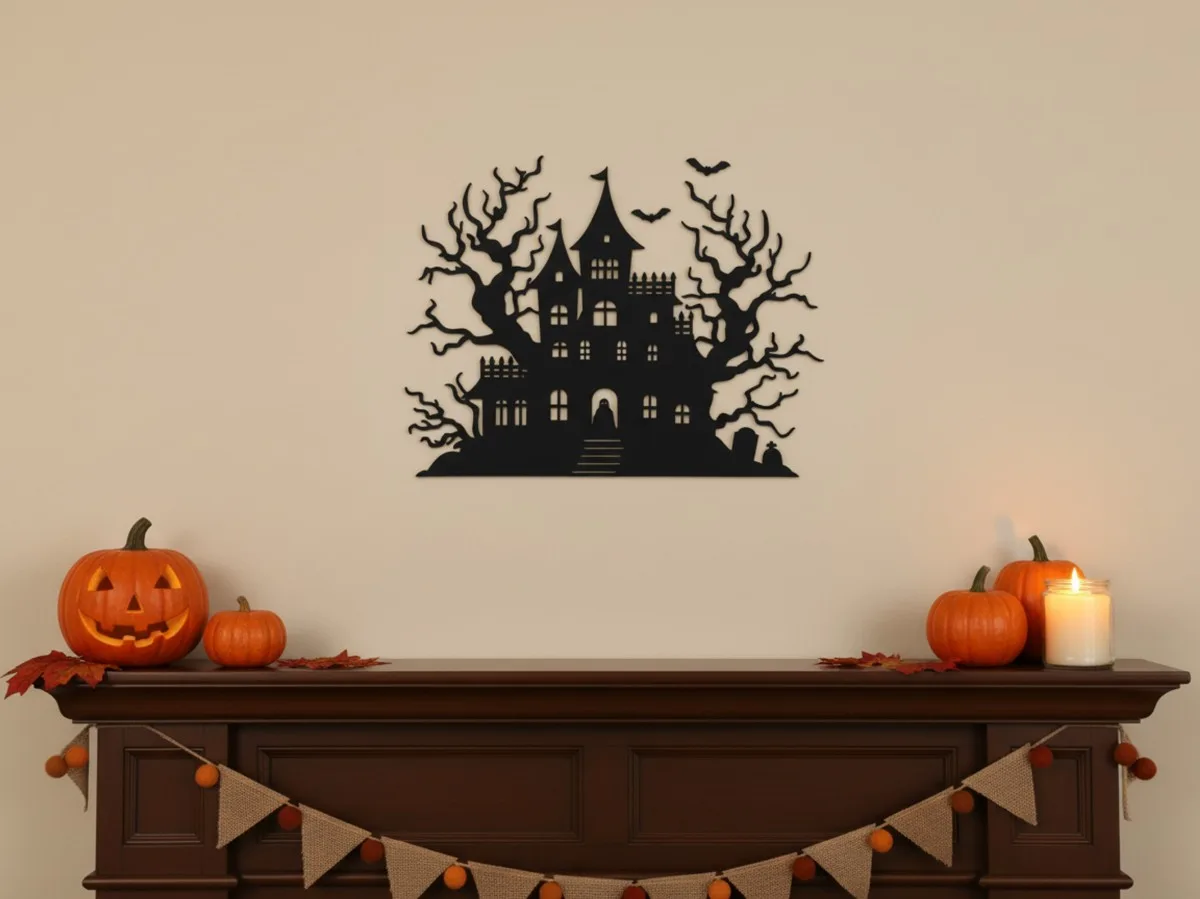 Halloween Gruselhaus Wandbild mit Geist im Torbogen – Birken-Sperrholz