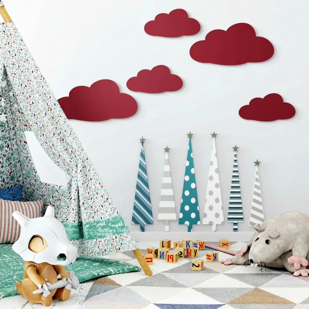 Wanddeko Wolken-Set (5-teilig) – Birken-Sperrholz