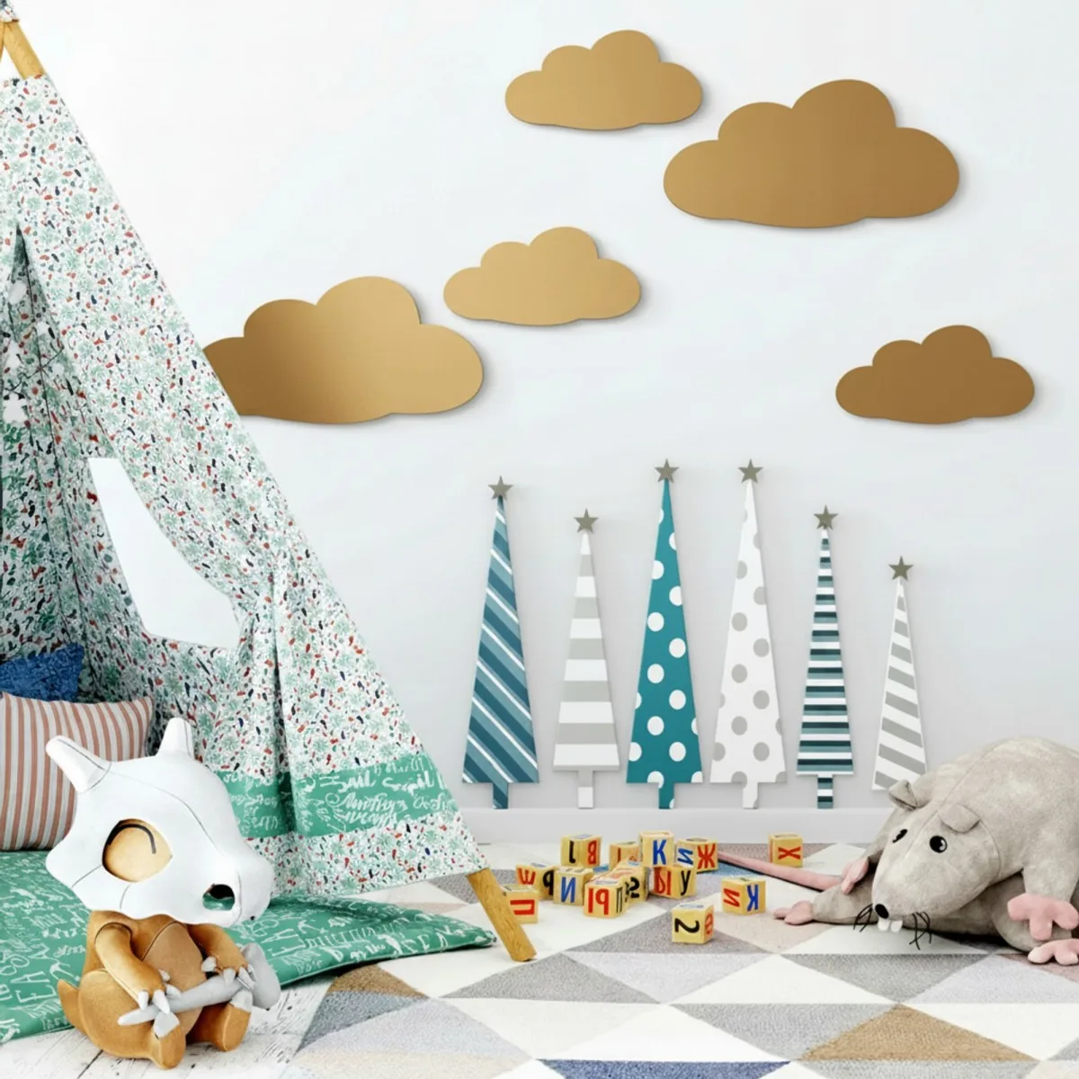 Wanddeko Wolken-Set (5-teilig) – Birken-Sperrholz