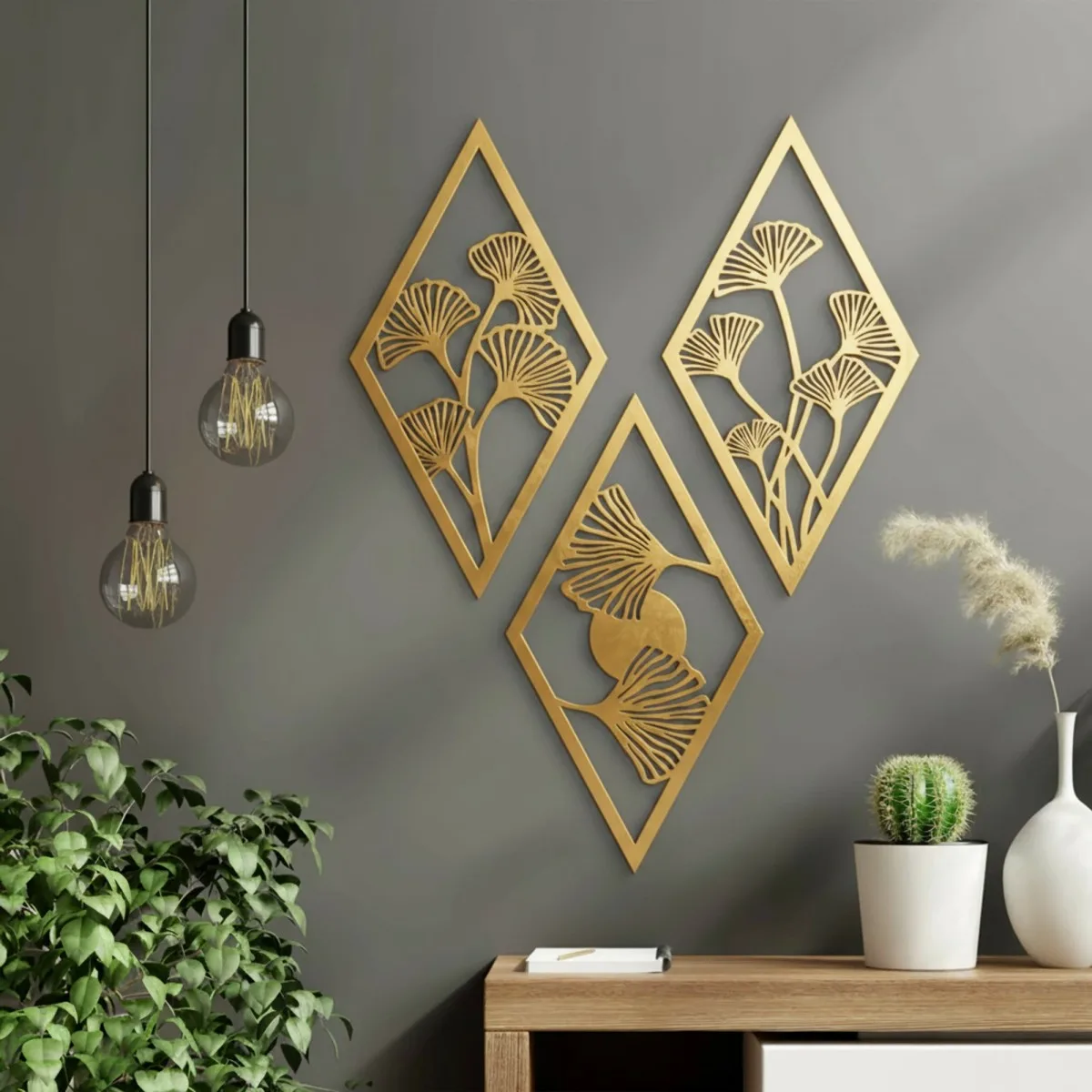 Birch Plywood Wall Decor – Ginkgo Leaf Diamond Set (3 pieces)