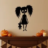 Zombie-Mädchen mit Teddybär Wandbild – gruselige Halloween-Silhouette – Birken-Sperrholz