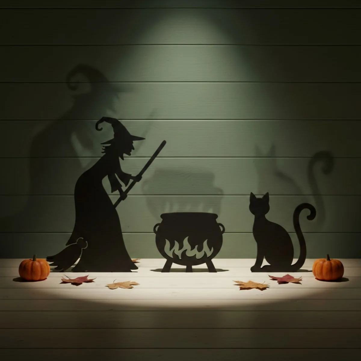Witch with Cauldron and Cat — Halloween Wooden Silhouette Set