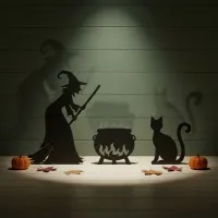 Witch with Cauldron and Cat — Halloween Wooden Silhouette Set