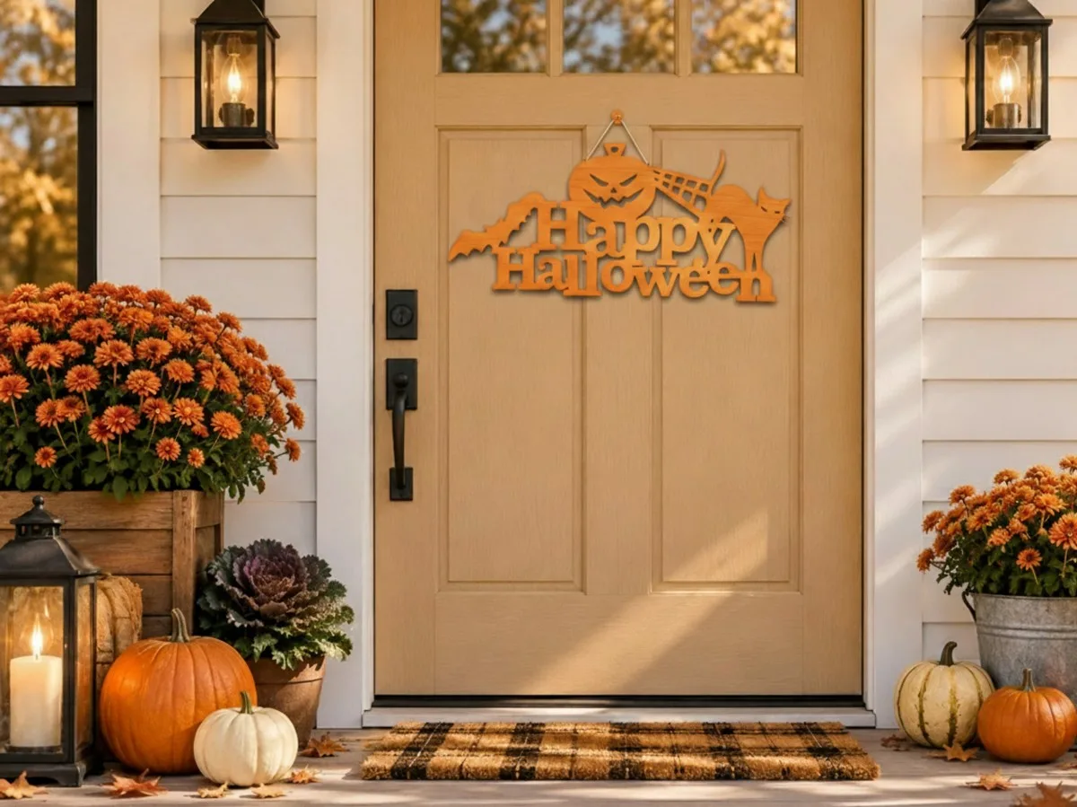 Happy Halloween bord van multiplex – Pompoen, zwarte kat & vleermuis
