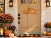 Happy Halloween bord van multiplex – Pompoen, zwarte kat & vleermuis