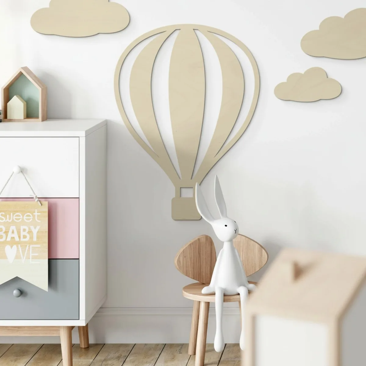 Birch Plywood Wall Decor - Hot Air Balloon with Vertical Lines