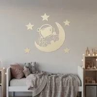 Birch Plywood Wall Decor - Little Astronaut with Moon and Stars