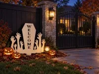 Pancarte Welcome Halloween pour jardin – cercueil avec mains de zombie 60×75 cm