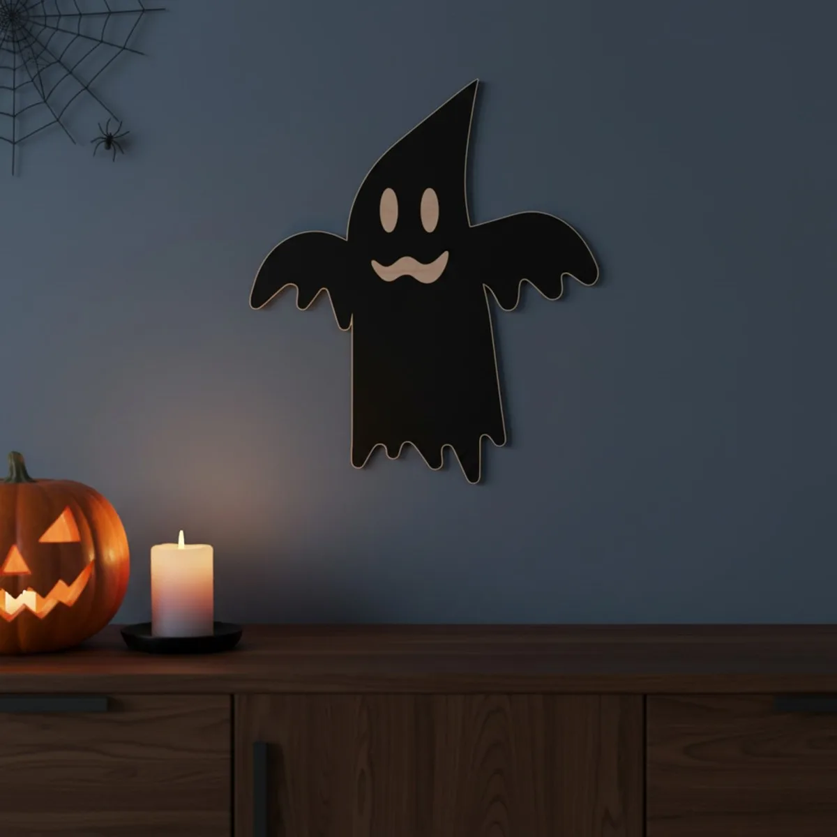 Flying Ghost Wall Decor – Halloween Silhouette with Spreading Wings – Birch Plywood