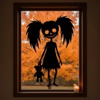 Zombie-Mädchen mit Teddybär Wandbild – gruselige Halloween-Silhouette – Birken-Sperrholz
